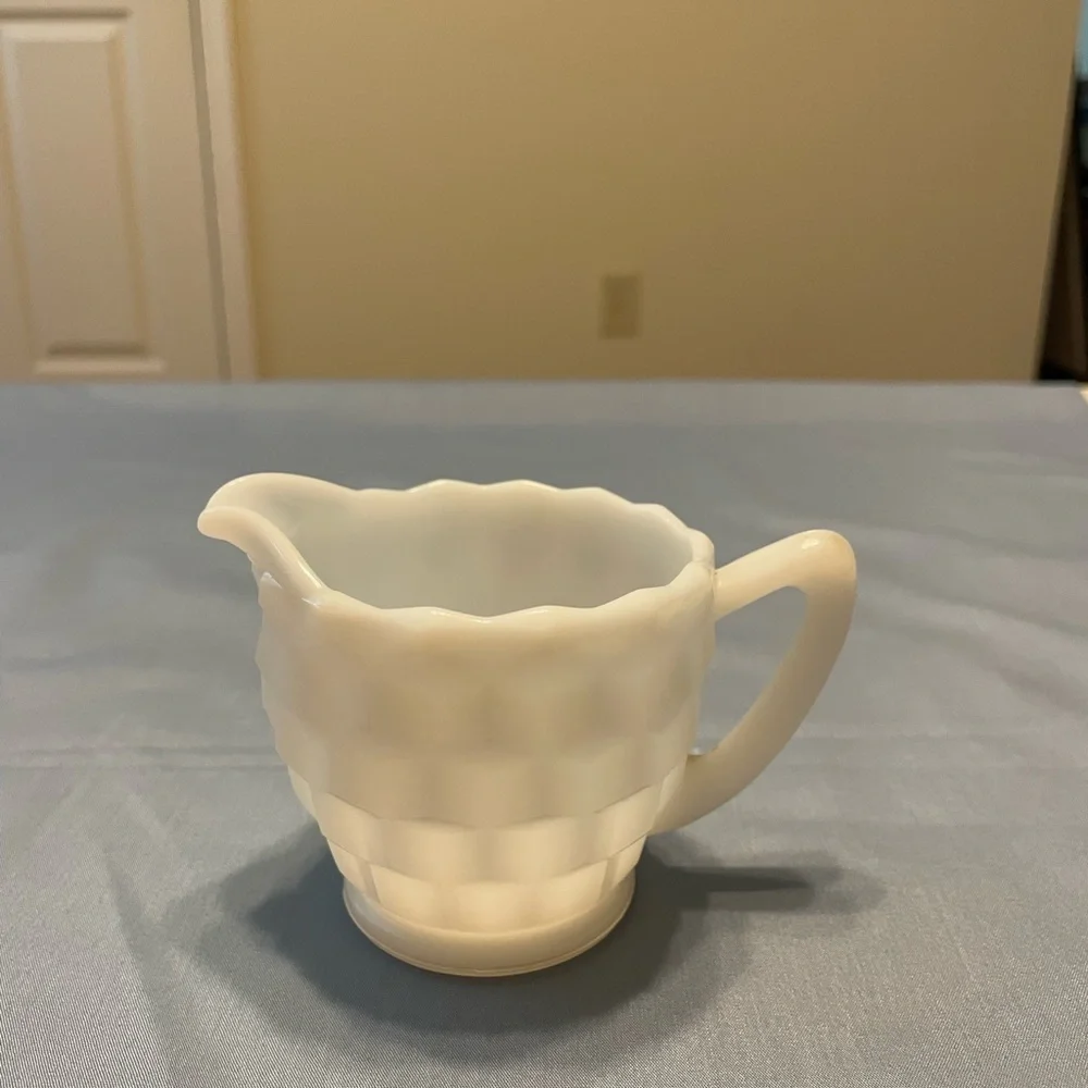 Vintage White Milk Glass Creamer and Open Sugar Bowl Set Cube or Cubist Pattern